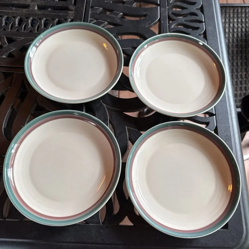 Set Of 4 Pfaltzgraff JUNIPER 10” Dinner Plates Green Mauve Bands USA Vintage